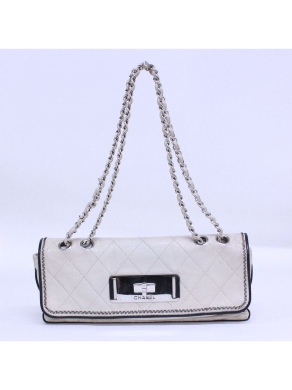 Chanel 255 Chain Handbag Lambskin White Silver